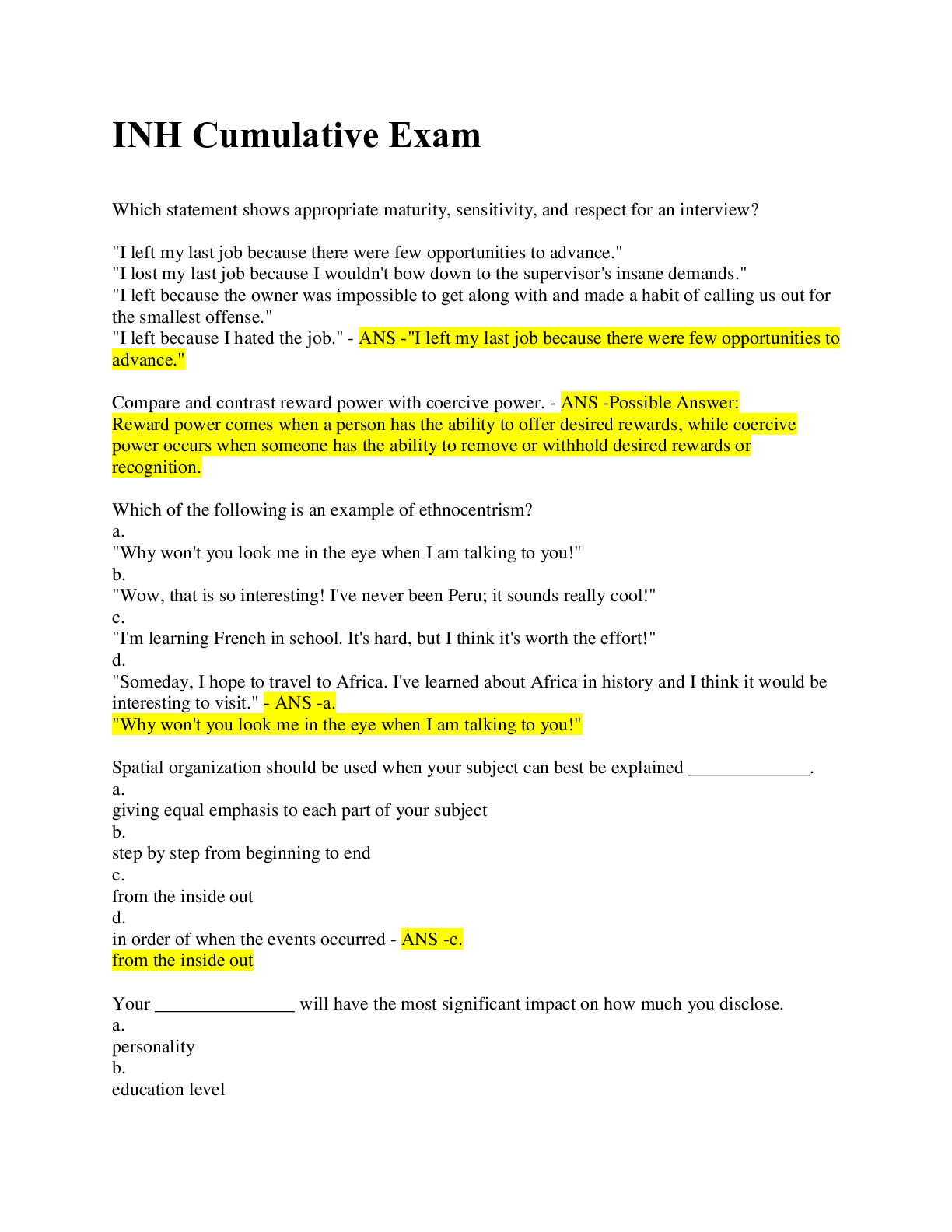 Preview image for INH Cumulative Exam / 100% CORRECT ANSWERS